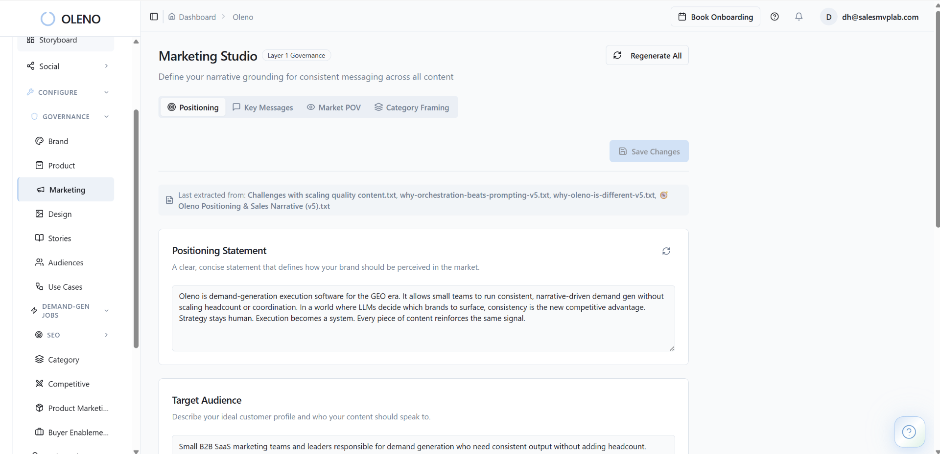 Oleno configuration showing brand voice, product knowledge, and market angle setup
