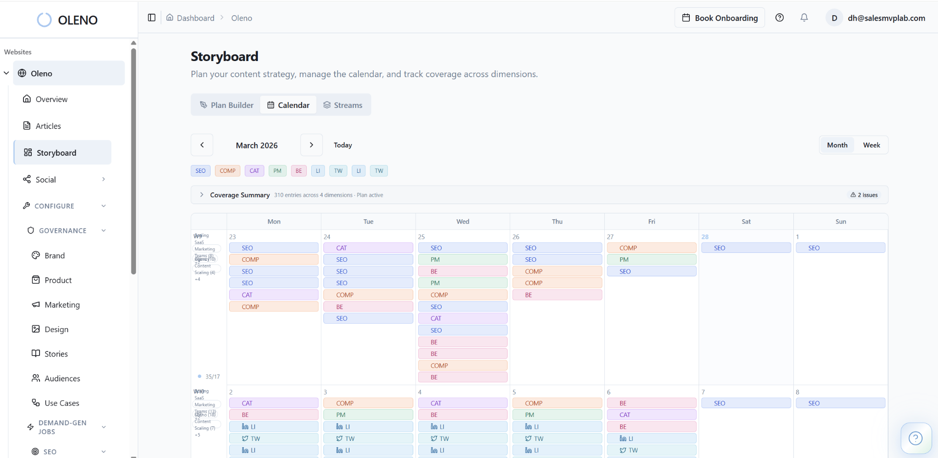 Oleno Storyboard calendar showing content schedule across SEO, competitive, category, and social content types